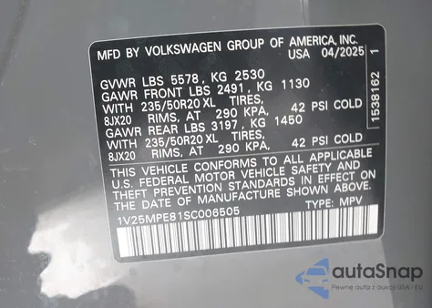 2025 Volkswagen Id.4 S Limited из США, поврежденный, VIN 1V25MPE81SC006505